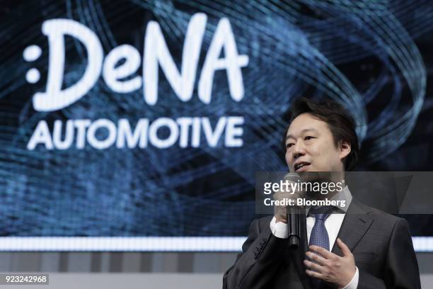 Isao Moriyasu, president and chief executive officer of DeNA Co., speaks during a news conference for the "Easy Ride" robot taxi service, jointly...