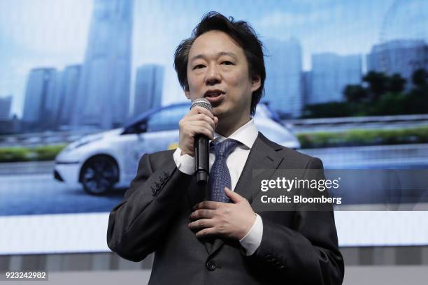 Isao Moriyasu, president and chief executive officer of DeNA Co., speaks during a news conference for the "Easy Ride" robot taxi service, jointly...