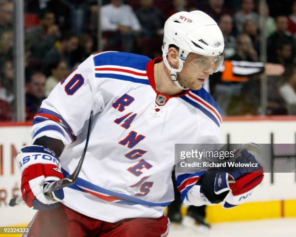 Marian Gaborik of the New York Rangers celebrates his second period goal during the NHL game against the Montreal Canadiens on October 24, 2009 at...
