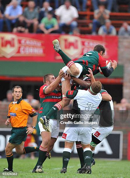 Draad Linde of the Leopards is thrown under the kick-in ball during the Absa Currie Cup Promotion / Relegation match between Platinum Leopards and...