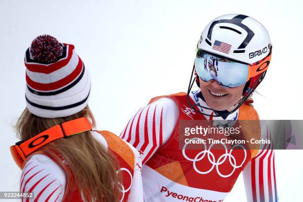 T"nSilver medal winner Mikaela Shiffrin of the United States is reflected in the goggles of Lindsey Vonn from the United States who failed to finish...