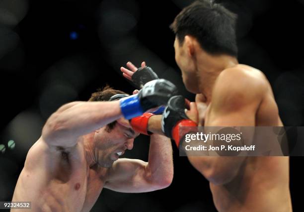 Fighter Chael Sonnen battles with UFC fighter Yushin Okami during their Middleweight bout at UFC 104: Machida vs. Shogun at Staples Center on October...