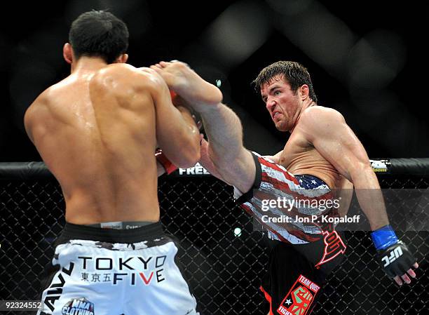 Fighter Chael Sonnen battles with UFC fighter Yushin Okami during their Middleweight bout at UFC 104: Machida vs. Shogun at Staples Center on October...