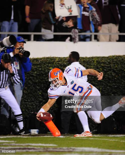 Quarterback Tim Tebow of the University of Florida Gators scores a touchdown in the 2nd quarter against the Mississippi State Bulldogs at Davis Wade...