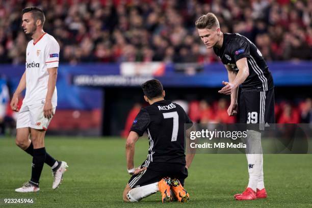 And SCOTT MCTOMINAY argue after missing a chance at goal during the UEFA Champions League Round of 16 First Leg match between Sevilla FC and...