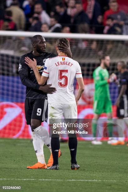 Of Manchester embraces CLEMENT LENGLET of Sevilla at the end of the UEFA Champions League Round of 16 First Leg match between Sevilla FC and...