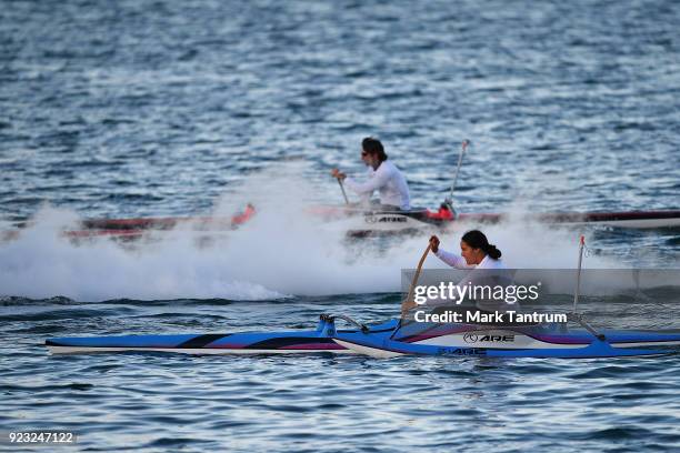 Performers paddling outriger canoes during NZ Festival Opening Night - A Waka Odyssey on February 23, 2018 in Wellington, New Zealand.