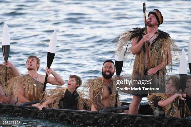 Performers on a canoe during NZ Festival Opening Night - A Waka Odyssey on February 23, 2018 in Wellington, New Zealand.