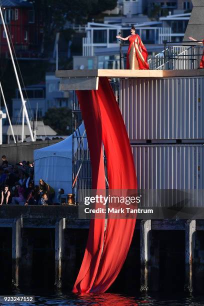 Performer on stage during NZ Festival Opening Night - A Waka Odyssey on February 23, 2018 in Wellington, New Zealand.