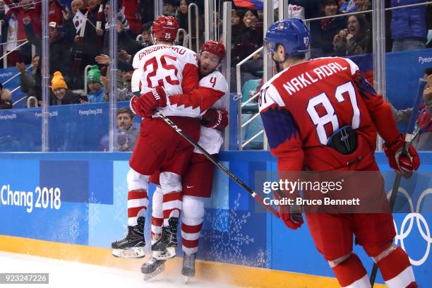 Vladislav Gavrikov of Olympic Athlete from Russia celebrates with Mikhail Grigorenko after scoring his team's second goal in the second period...