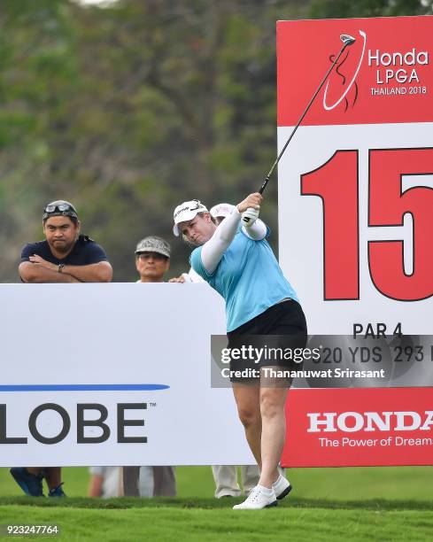 Brittany Lincicome of United States tees off at 15th hole during the Honda LPGA Thailand at Siam Country Club on February 22, 2018 in Chonburi,...