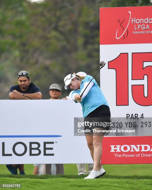 Brittany Lincicome of United States tees off at 15th hole during the Honda LPGA Thailand at Siam Country Club on February 22, 2018 in Chonburi,...