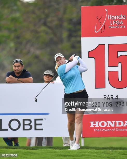 Brittany Lincicome of United States tees off at 15th hole during the Honda LPGA Thailand at Siam Country Club on February 22, 2018 in Chonburi,...