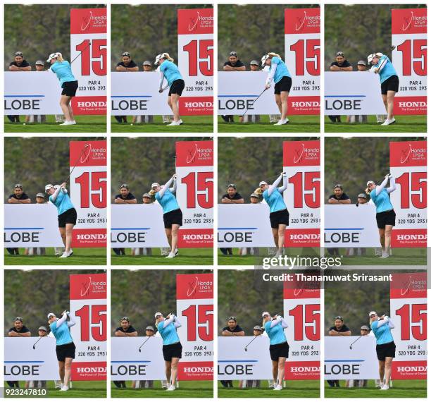 Composite image showing the swing sequence of Brittany Lincicome of United States as he hits off the 18th tee during the Honda LPGA Thailand at Siam...