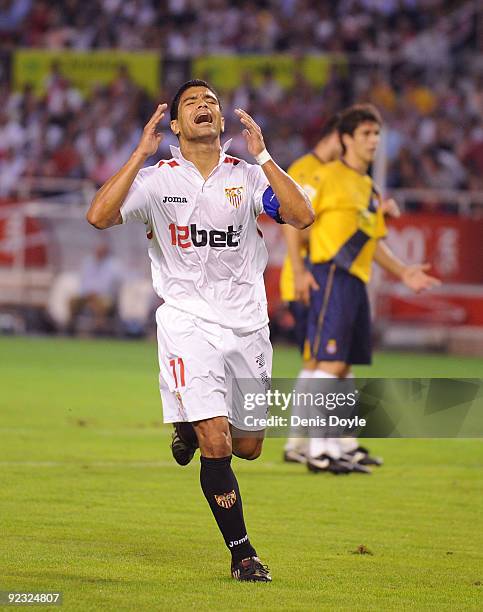 Renato Dirnei of Sevilla reacts after missing an opportunity to score a goal during the La Liga match between Espanyol and Sevilla at Estadio Ramon...