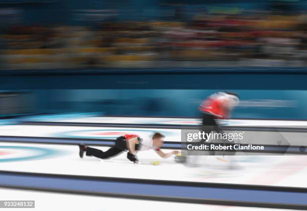 Marc Kennedy of Canada competes during the Bronze Medal match between Canada and Switzerland on day fourteen of the PyeongChang 2018 Winter Olympic...