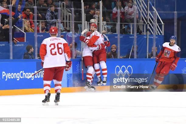 Vladislav Gavrikov of Olympic Athlete from Russia celebrates with Mikhail Grigorenko after scoring his team's second goal in the second period...