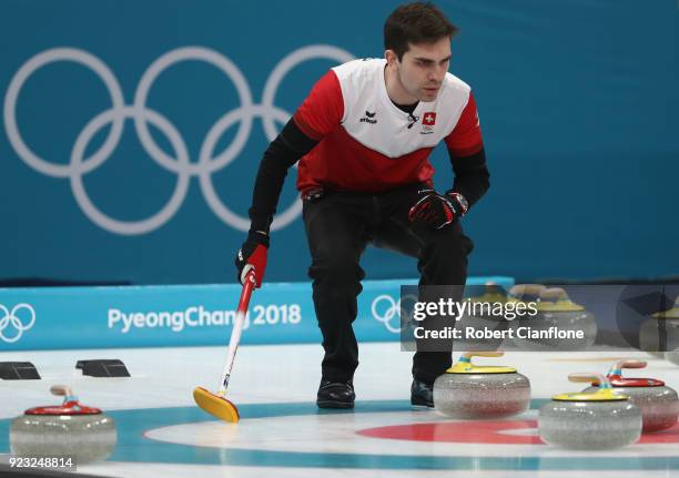 Peter De Cruz of Switzerland competes during the Bronze Medal match between Canada and Switzerland on day fourteen of the PyeongChang 2018 Winter...