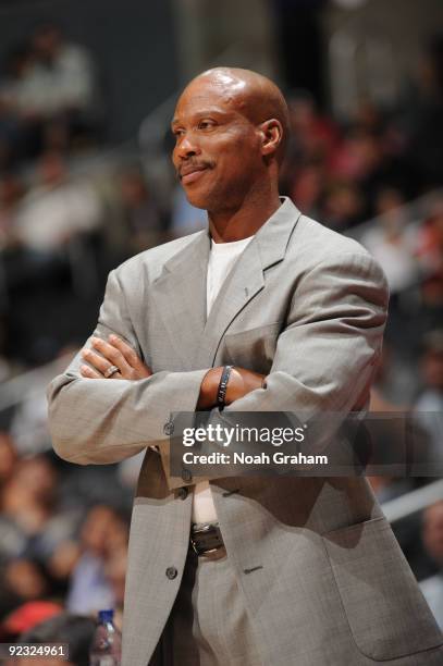 Head Coach Byron Scott of the New Orleans Hornets looks on during a game against the Los Angeles Clippers at Staples Center on October 23, 2009 in...