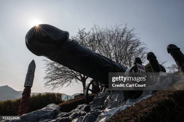 Phallic statues are displayed in Haesindang Park, informally known as 'Penis Park', on February 23, 2018 in Samcheok, South Korea. Although a number...