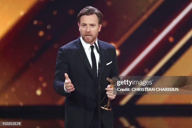 Actor Ewan McGregor speaks after receiving the "best international actor" award during the Golden Camera awards ceremony on February 22, 2018 in...