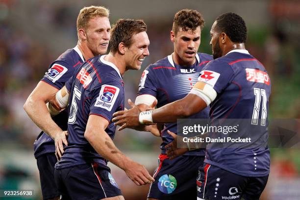 Dane Haylett-Petty of the Rebels celebrates a try with teammates during the round two Super Rugby match between the Melbourne Rebels and the...