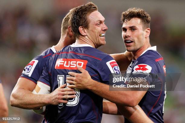 Dane Haylett-Petty of the Rebels celebrates a try with Tom English of the Rebels during the round two Super Rugby match between the Melbourne Rebels...