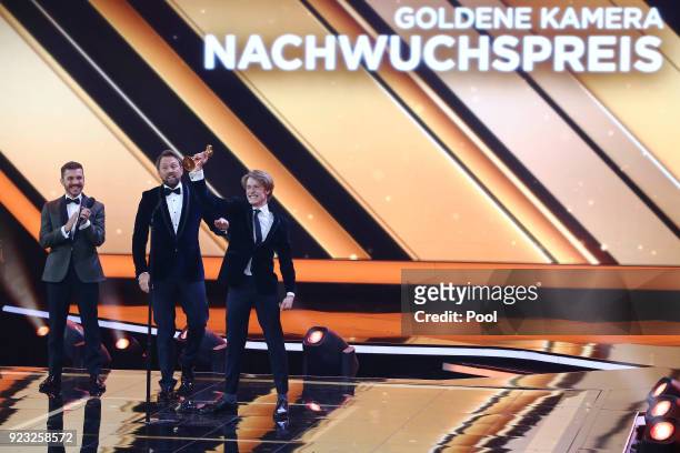 Louis Hoffmann receives the award on stage during the Goldene Kamera awards at Messehallen on February 22, 2018 at the Messe Hamburg in Hamburg,...