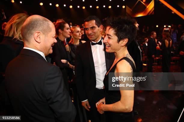 Olaf Scholz and Dunja Hayali attend the Goldene Kamera awards at Messehallen on February 22, 2018 at the Messe Hamburg in Hamburg, Germany.