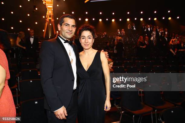 Mitri Sirin and Dunja Hayal appear on stage during the Goldene Kamera awards at Messehallen on February 22, 2018 at the Messe Hamburg in Hamburg,...