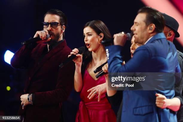 Alec Voelkel and Lena Meyer-Landrut appear on stage during the Goldene Kamera awards at Messehallen on February 22, 2018 at the Messe Hamburg in...