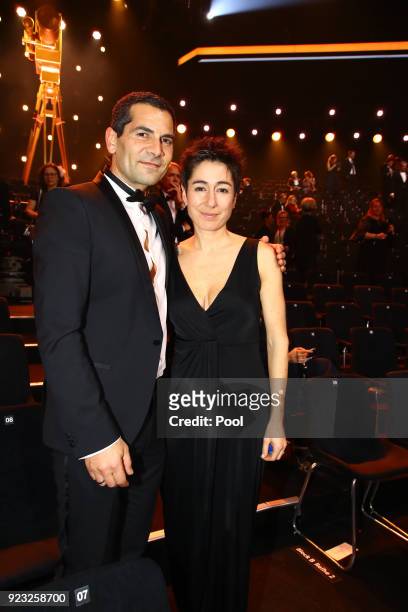Mitri Sirin and Dunja Hayali appear on stage during the Goldene Kamera awards at Messehallen on February 22, 2018 at the Messe Hamburg in Hamburg,...