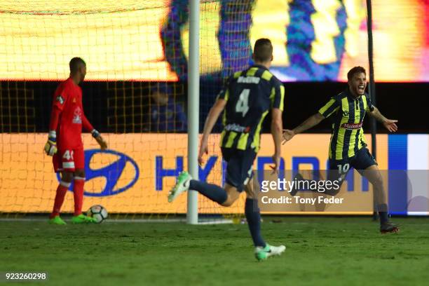 Daniel De Silva of the Mariners celebrates a goal during the round 21 A-League match between the Central Coast Mariners and the Wellington Phoenix at...