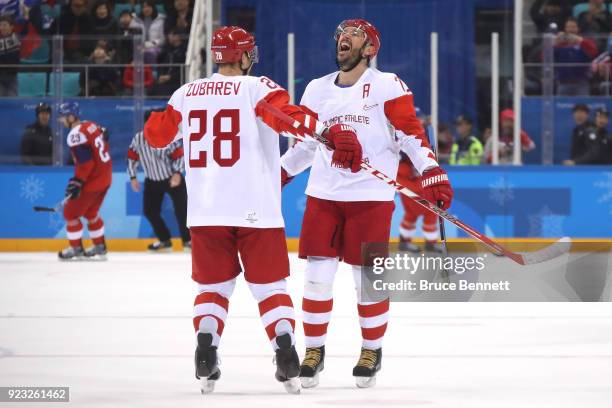 Ilya Kovalchuk of Olympic Athlete from Russia celebrates with Andrei Zubarev after scoring an empty net goal in the third period against Czech...