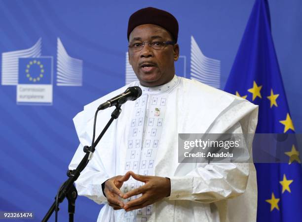 President of Niger Mahamadou Issoufou speaks to the press prior to the High Level Conference on the Sahel at the European Commission in Brussels,...