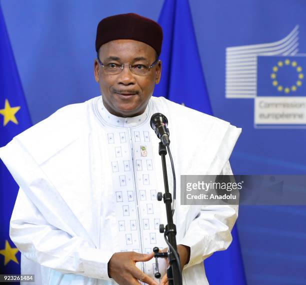 President of Niger Mahamadou Issoufou speaks to the press prior to the High Level Conference on the Sahel at the European Commission in Brussels,...