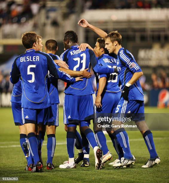 Kansas City celebrates after their first half goal from Kei Kamara of the KC Wizards vs. The D.C. United at CommunityAmerica Ballpark on October 24,...