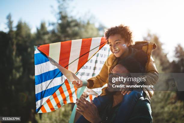 vader en zoon plezier vliegende kite op zonnige dag - vlieger stockfoto's en -beelden