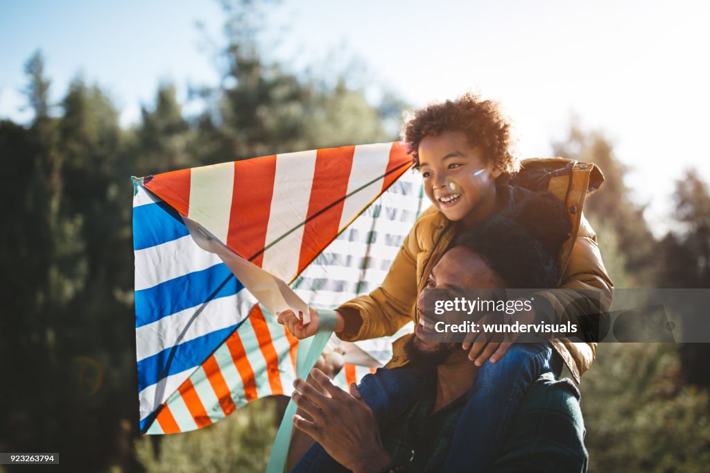 Father and son having fun flying kite on sunny day