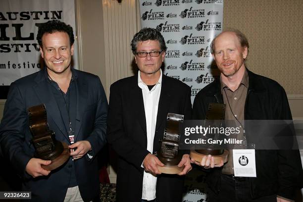 Writers Mitchell Hurwitz, Steven Zaillian and director Ron Howard attend the awards luncheon during the Austin Film Festival on October 24, 2009 in...