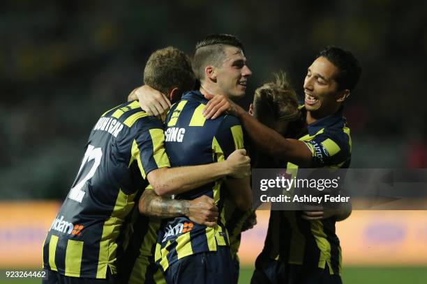 Daniel De Silva of the Mariners celebrates his goal during the round 21 A-League match between the Central Coast Mariners and the Wellington Phoenix...