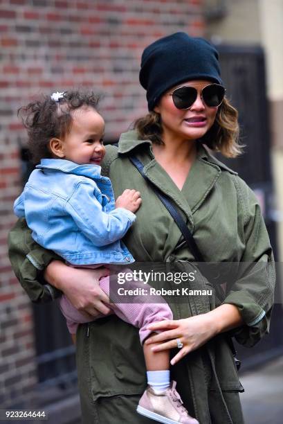 Chrissy Teigen and and baby Luna Legend seen out and about on a rainy day in Manhattan on February 22, 2018 in New York City.