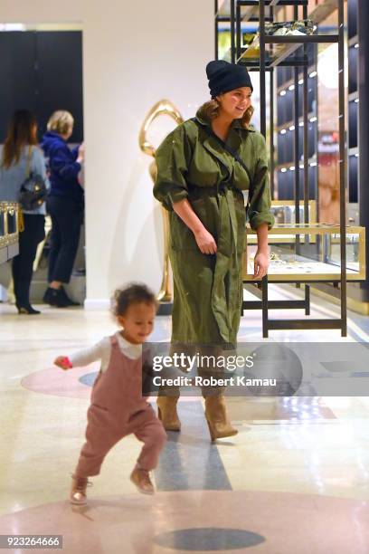 Chrissy Teigen and and her daughter Luna Legend seen out shopping in Manhattan on February 22, 2018 in New York City.