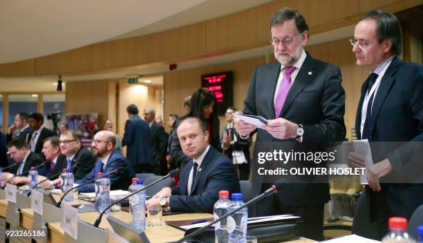 Spain's Prime minister Mariano Rajoy and Malta's Prime Minister Joseph Muscat attend a High Level Conference on the Sahel at the European Commission...