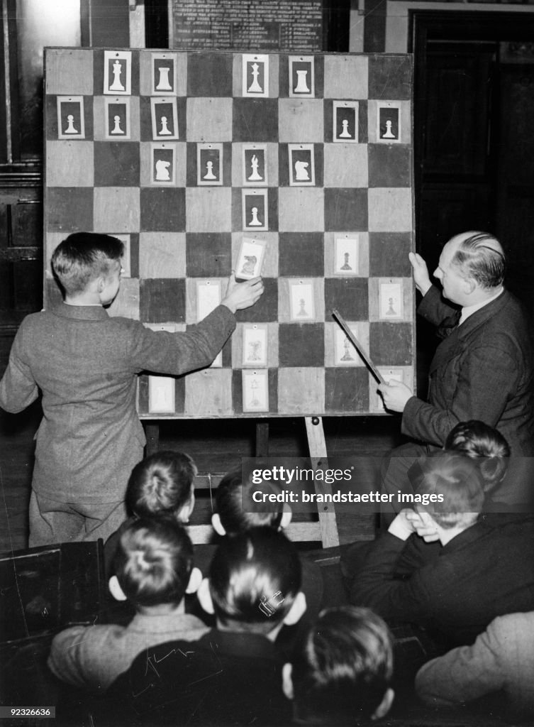 Chess course at the Royal Grammar School in Guildfordden. England. Photograph. 1937.