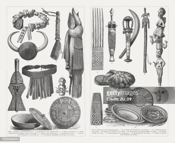 illustrazioni stock, clip art, cartoni animati e icone di tendenza di dispositivi e prodotti della cultura africana, incisioni in legno, pubblicato nel 1897 - guinea