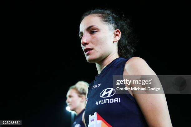 Gabriella Pound of the Blues looks dejected after defeat during the round four AFLW match between the Western Bulldogs and the Carlton Blues at...