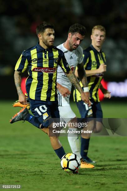 Daniel De Silva of the Mariners in action during the round 21 A-League match between the Central Coast Mariners and the Wellington Phoenix at Central...