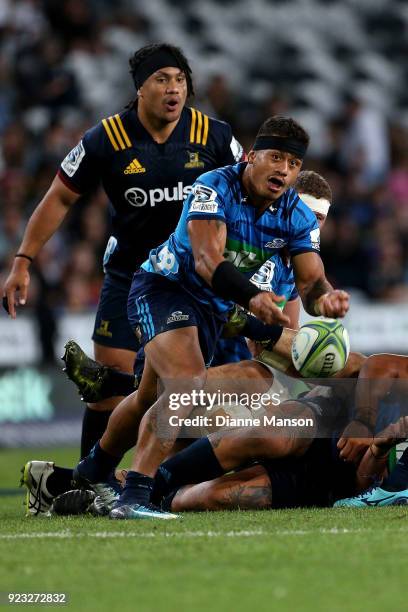 Augustine Pulu of the Blues clears the ball during the round two Super Rugby match between the Highlanders and the Blues at Forsyth Barr Stadium on...