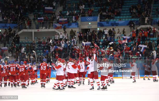 Olympic Athletes from Russia and the Czech Republic acknowledge the crowd after the Men's Play-offs Semifinals on day fourteen of the PyeongChang...